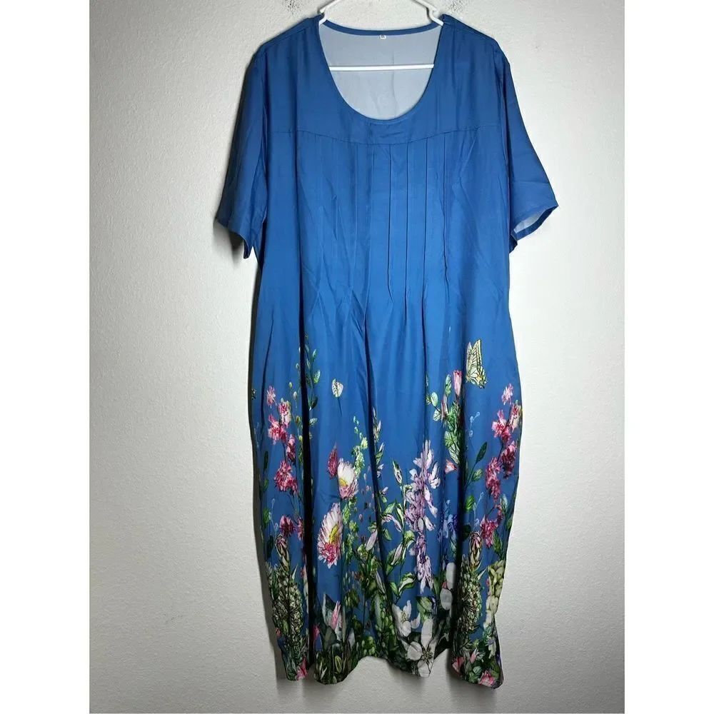 Women's Lightweight Blue Dress Floral Butterfly Medium Pleated Size XXL pockets